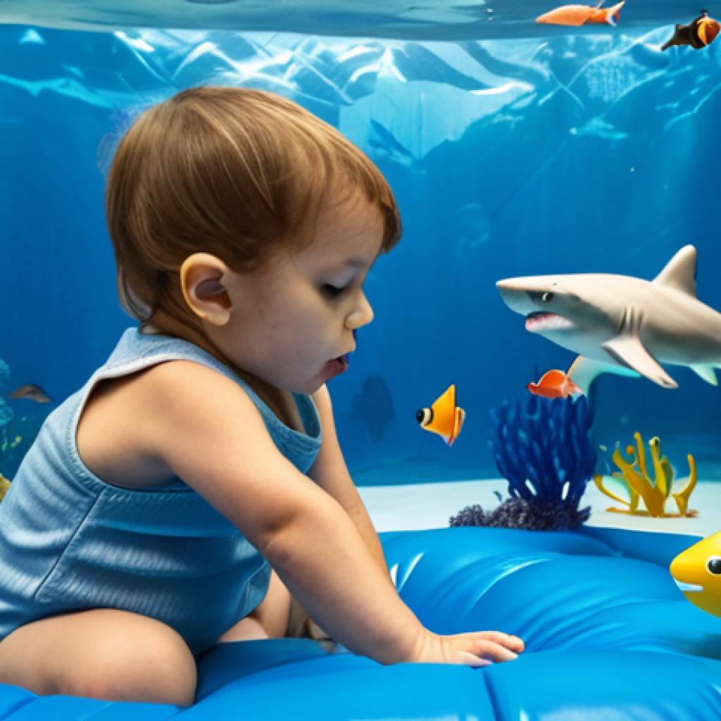 **A child engrossed in imaginative play with Baby Shark figures, creating an underwater scene with blue fabrics and inflatable fish in their playroom.** (Focus: Capturing the imaginative play aspect and the fun environment.)