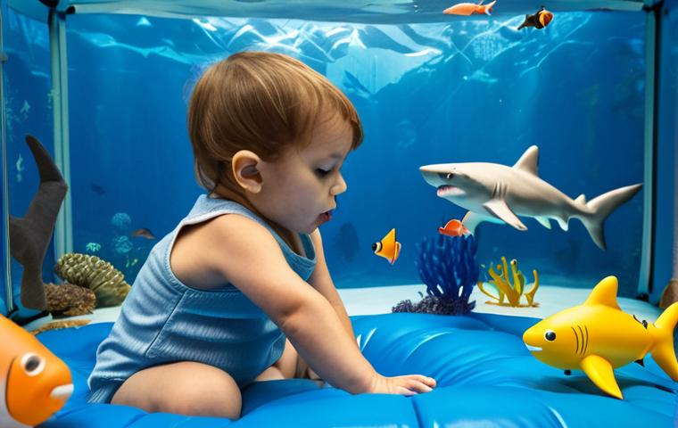 **A child engrossed in imaginative play with Baby Shark figures, creating an underwater scene with blue fabrics and inflatable fish in their playroom.** (Focus: Capturing the imaginative play aspect and the fun environment.)