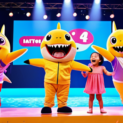 Home 16 **Image Prompt:** A group of gleeful children, aged 4-6, enthusiastically singing and dancing along with Baby Shark and Pinkfong characters on a brightly lit stage during an interactive show. The background features colorful aquatic decorations and excited parents taking pictures. Focus on capturing the children's joy and the energy of the performance.