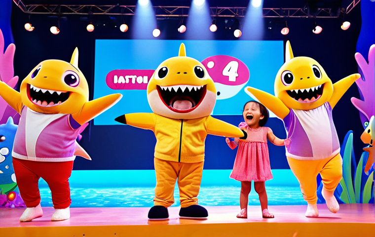 **Image Prompt:** A group of gleeful children, aged 4-6, enthusiastically singing and dancing along with Baby Shark and Pinkfong characters on a brightly lit stage during an interactive show. The background features colorful aquatic decorations and excited parents taking pictures. Focus on capturing the children's joy and the energy of the performance.