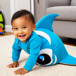 A joyful young child, approximately 4-5 years old, wearing a vibrant, fully clothed, and modest Baby Shark character costume, with fins and friendly face details. The child is captured mid-movement, engaged in imaginative play, perhaps dancing or pretending to swim in a natural pose. The setting is a brightly lit, family-friendly playroom with colorful toys scattered on a soft rug. Professional photography, high-resolution, sharp focus, perfect anatomy, correct proportions, well-formed hands, proper finger count, natural body proportions, safe for work, appropriate content, fully clothed, family-friendly.