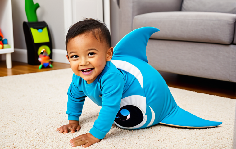 A joyful young child, approximately 4-5 years old, wearing a vibrant, fully clothed, and modest Baby Shark character costume, with fins and friendly face details. The child is captured mid-movement, engaged in imaginative play, perhaps dancing or pretending to swim in a natural pose. The setting is a brightly lit, family-friendly playroom with colorful toys scattered on a soft rug. Professional photography, high-resolution, sharp focus, perfect anatomy, correct proportions, well-formed hands, proper finger count, natural body proportions, safe for work, appropriate content, fully clothed, family-friendly.